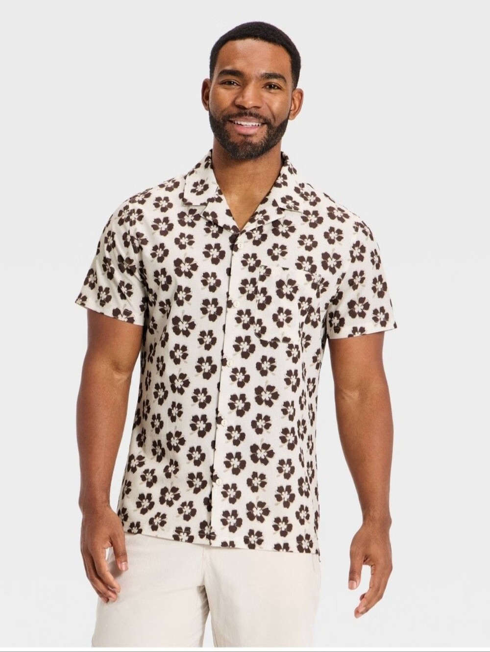 Men's Hibiscus Print Grid Woven Button-Down Shirt - All In Motion' White L